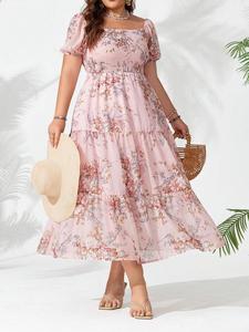 【Plus Size】 Floral Print Dress, Boho Fashion Casual Short Sleeve Dress for Daily Holiday Vacation Wear, Women Plus Clothing for Summer