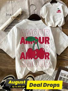 Women's Cherry & Letter Print Round Neck Tee, Casual Short Sleeve Crew Neck T-shirt for Daily Wear, Ladies Clothes for All Seasons, Top