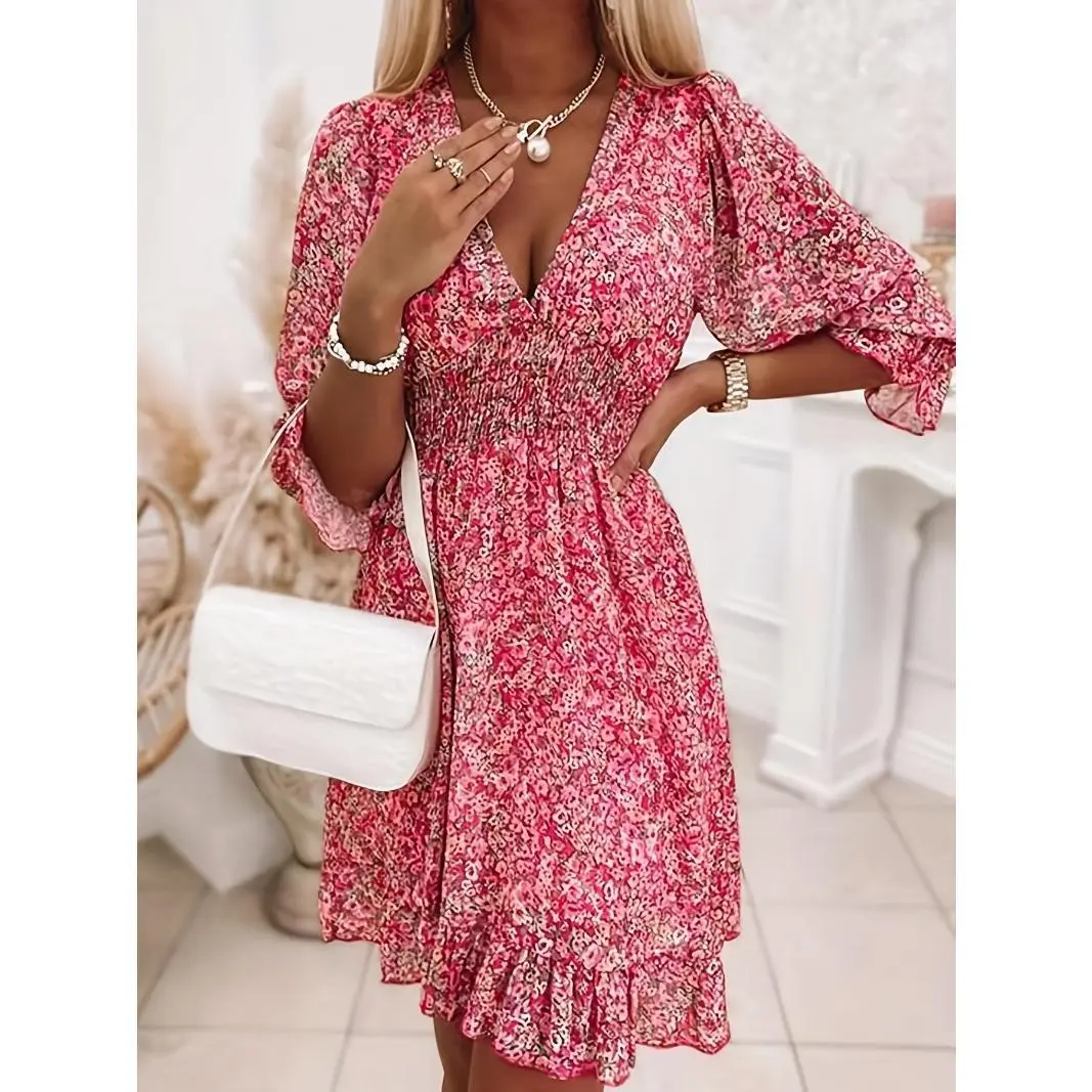 Floral Print Shirred Waist Dress, Casual V Neck Dress For Spring & Summer, Women's Clothing