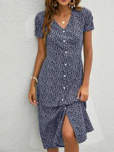Women's Ditsy Floral Print Button Front V Neck Dress, Casual Short Sleeve Dress for Summer, Ladies Clothes for Daily Wear
