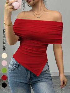 Women's Solid Color Off the Shoulder Tee, Street Fashion Casual T-shirt for Daily Wear, Ladies Clothes for Summer