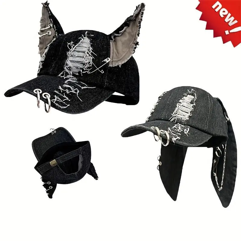 Women's Dark Punk Distressed Denim Cat Ear Baseball Cap with Iron Ring Detail - Adjustable Black Trucker Hat for Edgy Style, Fashion Accessory | Metal Ring Detailing | Denim Construction 0
