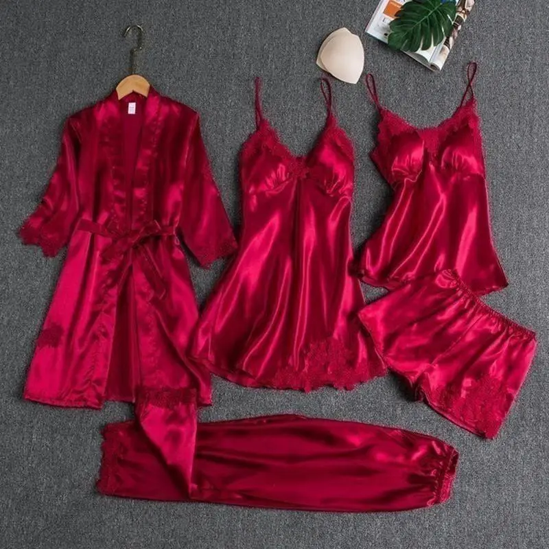 5PC Silk Robe Sleep Suit Womens Lace SatinPajamas Gown Set V-Neck Cami Nighties WearPijama Home Nightwear Spring Nightdress 8