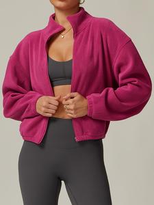 Sporty Women's Plain Pocket Zip Up Drop Shoulder Fleece Sports Jacket, Comfy Long Sleeve Stand Collar Outerwear for Yoga Running Training, Ladies Sportswear for Fall & Winter