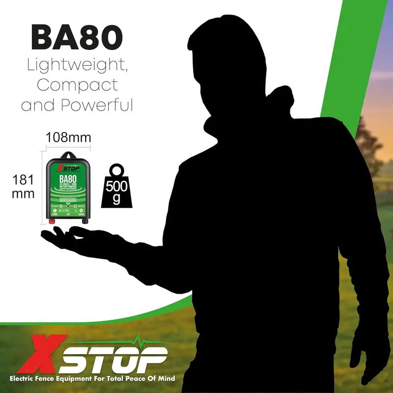 12 Volt Battery Powered Electric Fence Energiser XSTOP BA80 10Km Range, 0.6 Joule Output, Weatherproof Kit Includes Leads and Earth Stake. For Horses and Other Animals 3