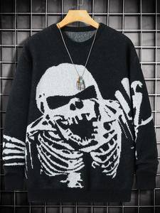 Unisex's Skeleton Print Drop Shoulder Sweater, Regular Fit Casual Long Sleeve Round Neck Jumper for Fall & Winter, Fashion Men's Knitwear for Daily Wear, Halloween