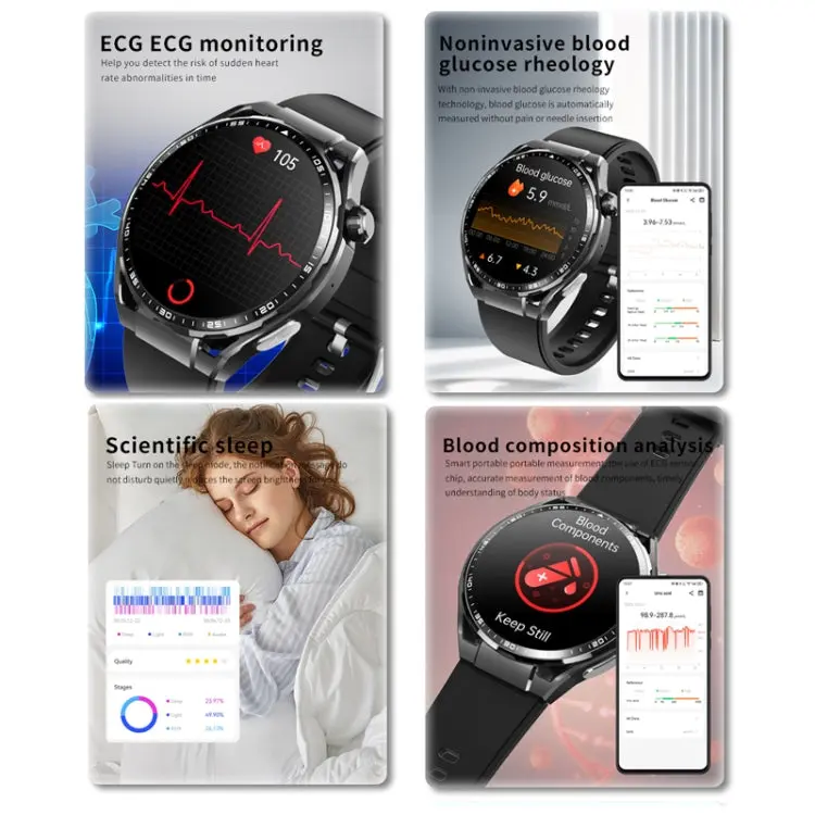 F200 Smart Health Watch ECG Electrocardiogram Blood Sugar Monitoring 1.55 Inch Round Screen, Black Silicone, Black Leather, Black Brown Leather, Black Milan, Black 3-Beads Steel, Black Bamboo, Black Gray Silicone 7