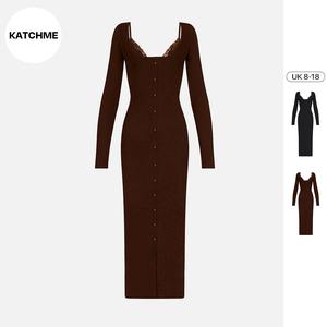 KatchMe Women's Elegant U Neck Long Sleeve Lace Trim Button Through Slinky Maxi Dress, Sexy Slim Holiday Dresses, Solid Color Formal Dresses