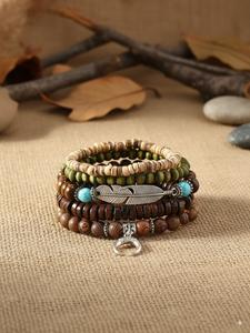 5-Piece Boho Style Bracelet Set, Stackable Bracelets, Simple Fashion Wooden Bead Bracelets, Feather Design Jewelry Gift for Girlfriend Boyfriend Holiday Christmas