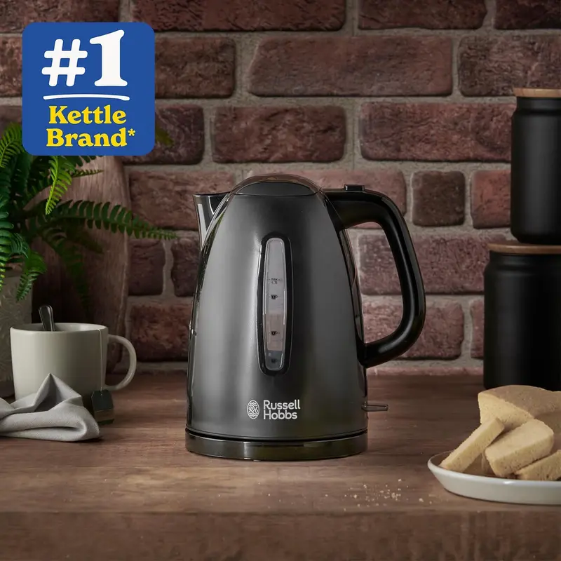 Russell Hobbs Textures Electric 1.7L Cordless Kettle (Fast Boil 3KW, Black premium plastic, matt & high gloss finish, Removable washable anti-scale filter, Push to open lid, Perfect pour spout) 21271 1