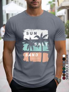 Men's Regular Fit Palm Tree Print Round Neck Graphic Tee, Casual Short Sleeve T-shirt for Summer, Men's Top for Beach Vacation, Menswear