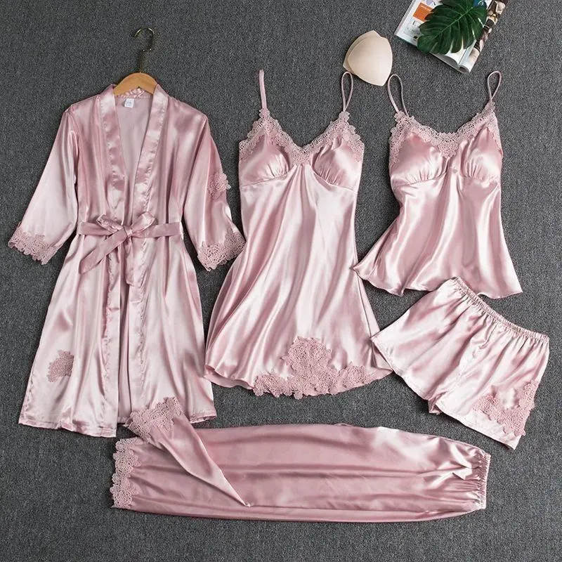 5PC Silk Robe Sleep Suit Womens Lace SatinPajamas Gown Set V-Neck Cami Nighties WearPijama Home Nightwear Spring Nightdress 5
