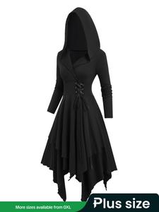 【Plus Size】 Lace Up Wrap Hooded Dress, Elegant Asymmetrical Long Sleeve A Line Dress for Party Holiday Wedding Guest, Women's Clothes for Fall & Winter
