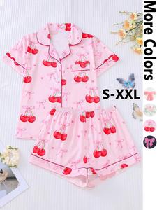 Two-piece Set Women's All Over Print Top & Elastic Waist Shorts Pyjama, Casual Comfy Short Sleeve Top & Shorts Pj Set, Ladies Summer Sleepwear