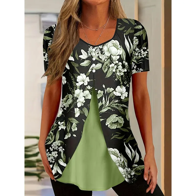 Floral Print Faux Peal Decor T-Shirt, Casual V Neck Short Sleeve Top For Spring & Summer, Women's Clothing 1