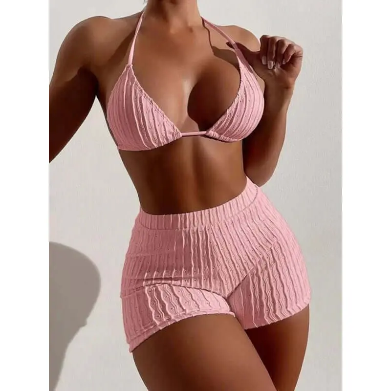 Feminine lace-up textured two-piece bikini 7