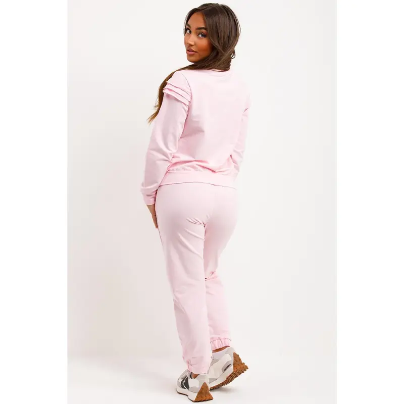 Gold Button Frill Shoulder Loungewear Set Pink 2
