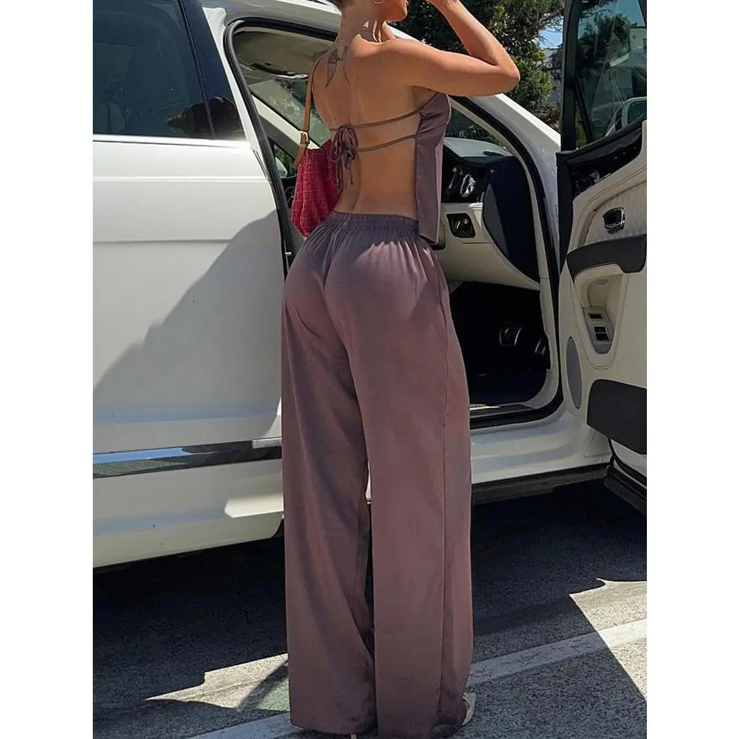 Women's Solid Color Backless Top & Pants Two-piece Set, Casual Fashion Cozy Two Piece Outfits for Daily Outdoor Wear, Ladies Clothes for Summer