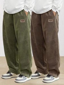Men's Solid Patched Pocket Corduroy Pants, Loose Casual Comfy Straight Leg Trousers for Fall & Winter, Men's Bottoms for Daily Wear