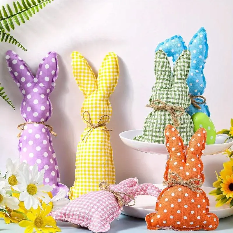 6pcs Easter Bunny Plush Knit Polka Dot Checkered Rabbit Figurines, Polyester Fabric Decorative Props for Holiday Party Decoration, No Electricity Needed 0