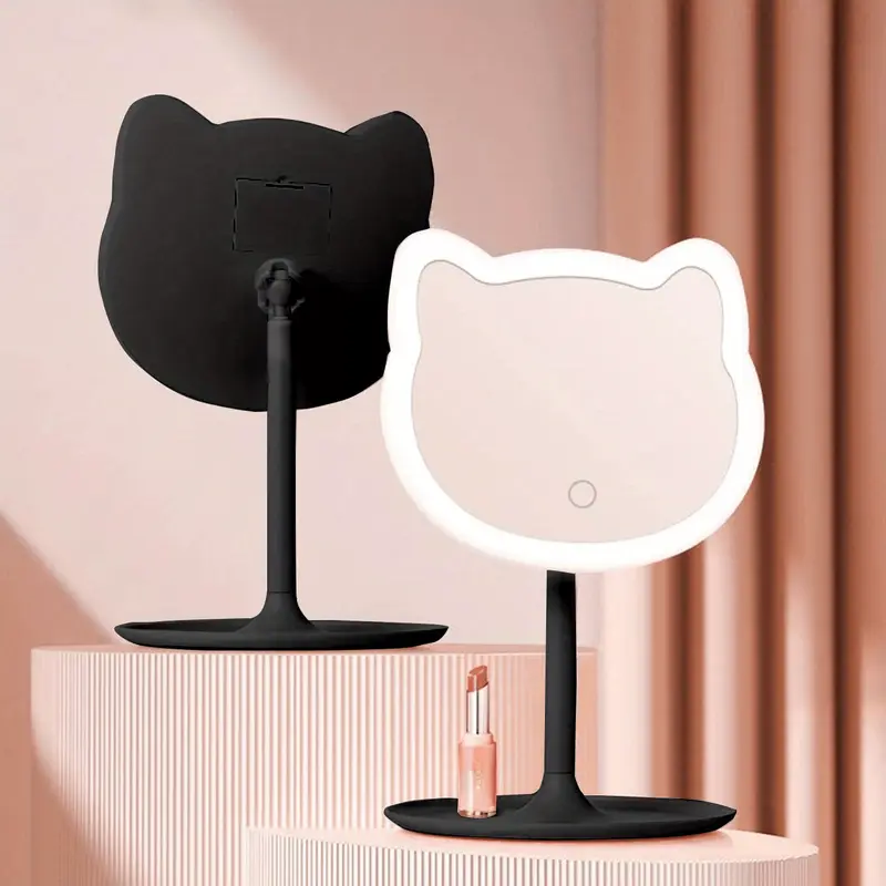 LED Vanity Makeup Mirror | Cat-Face Design with Pink Ears | Battery-Powered Lighting | Portable & Freestanding | Ideal for 5