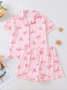 Girl's Cartoon Bow Print Top & Elastic Waist Shorts Pajama Two-piece Set, Cute Comfy Short Sleeve Top & Shorts Pajama Set, Kids Sleepwear for All Seasons, Soft Casual Pajamas