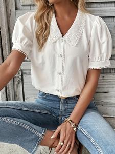 Women's Contrast Lace Puff Sleeve Blouse, Casual Short Sleeve Top for Summer, Women's Clothing for Daily Wear