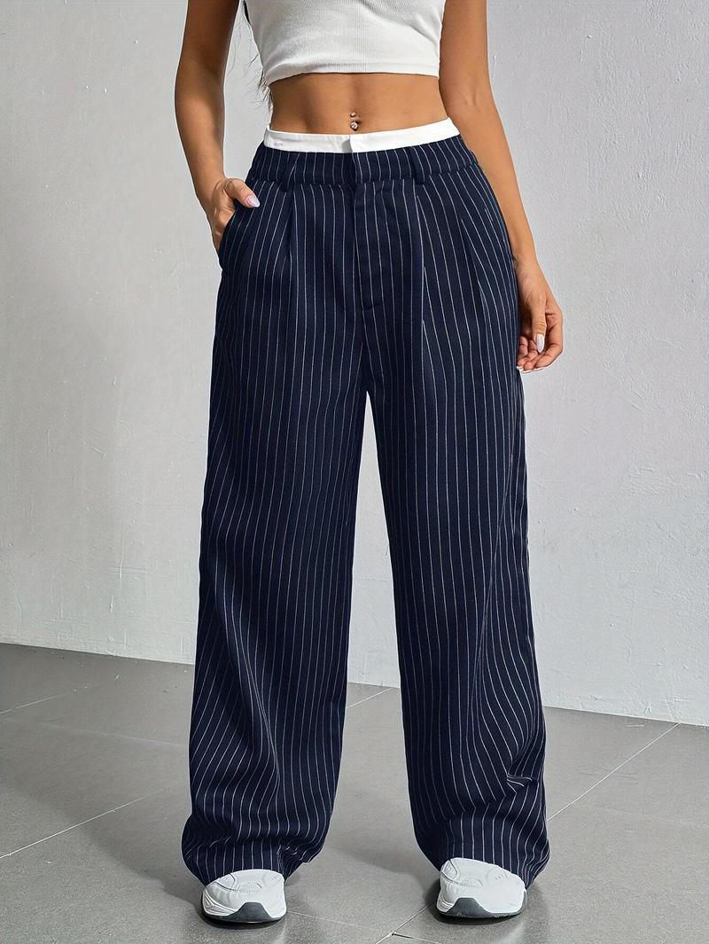 Product Introduction of Women's High-Waist Striped Wide-Leg Blazer Pants - Navy Blue & White Vertical Stripes, Polyester, Casual Style, Machine Washable, Spring/Summer/Fall Wear, Versatile Legwear | Wideleg Design | Glossy Texture, Wide Leg Pants 22