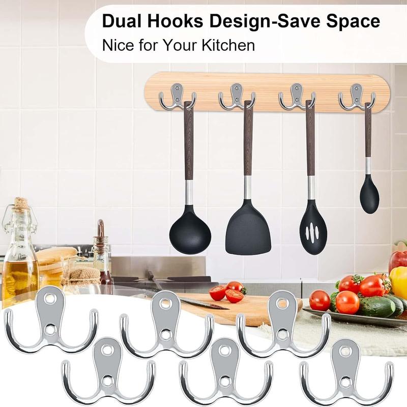 6 PCS Dual Coat Door Hooks, Double Prong Wall Mounted Hooks with 16 PCS Screws for Hanging Hat Tie Clothes Towel Metal Retro Cloth, Chrome Hanger for Bedroom Bathroom Kitchen,Silver 6