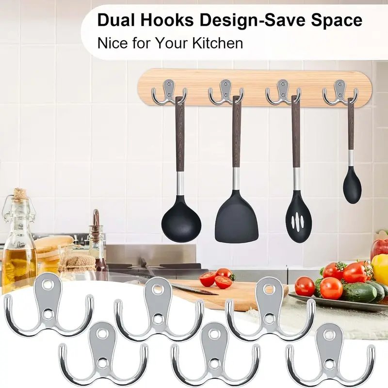 6 PCS Dual Coat Door Hooks, Double Prong Wall Mounted Hooks with 16 PCS Screws for Hanging Hat Tie Clothes Towel Metal Retro Cloth, Chrome Hanger for Bedroom Bathroom Kitchen,Silver 6