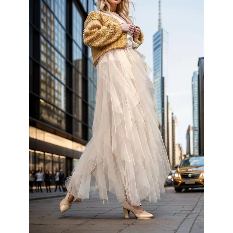 Elastic Waist Mesh Layered Tutu Skirt, Casual Solid Color Tiered Skirt for Women 2