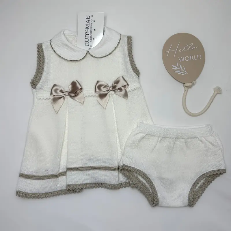 White Knitted Dress With Taupe Bows & Matching Bloomers - Willow 0