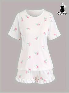 【Plus Size】 Floral Print Shortsleeve Tee & Ruffle Trim Shorts Pyjama Set, Pyjamas for Women, Round Neck T-shirt & Shorts Pj Set, Women's Sleepwear for Spring & Fall, Lounge Set for Women, Pajama Sets Women, Pajamas, Womenswear, Loungewear