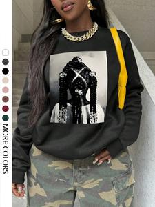 Women's Braided Hair Girl Print Crew Neck Sweatshirt, Casual Long Sleeve Pullover for Spring & Fall, Fashion Women's Top for Daily Wear