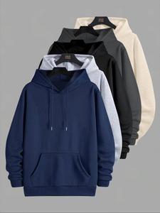 Men's Solid Color Pocket Hoodie, Casual Loose Long Sleeve Hooded Sweatshirt for Spring & Fall, Fashion Men's Clothes for Daily Wear