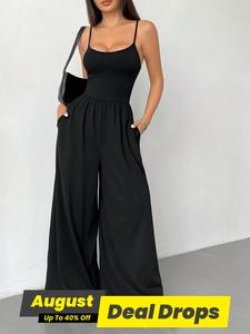 Women's Solid Wide Leg Jumpsuit, Comfy Slim Fit Backless Cami Jumpsuit for Daily Wear, Ladies Clothes for All Seasons, Womenswear, Clothes for Women, Casual Minimalist Jumpsuits, Sleeveless Athletic Jumpsuits, Summer, Black