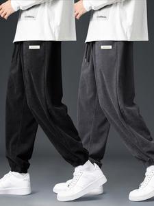 Men's Letter Patched Solid Drawstring Waist Corduroy Pants, Casual Comfy Pocket Trousers for Fall & Winter, Men's Bottoms for Daily Wear