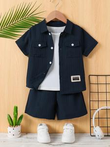 Toddler Boy's Textured Letter Patched Button Front Shirt & Elastic Waist Shorts Set without Tee, Casual Short Sleeve Flap Pocket Collared Top & Shorts for Daily Wear, Kids Summer Clothes, National Day Clothing, Toddler Outfit