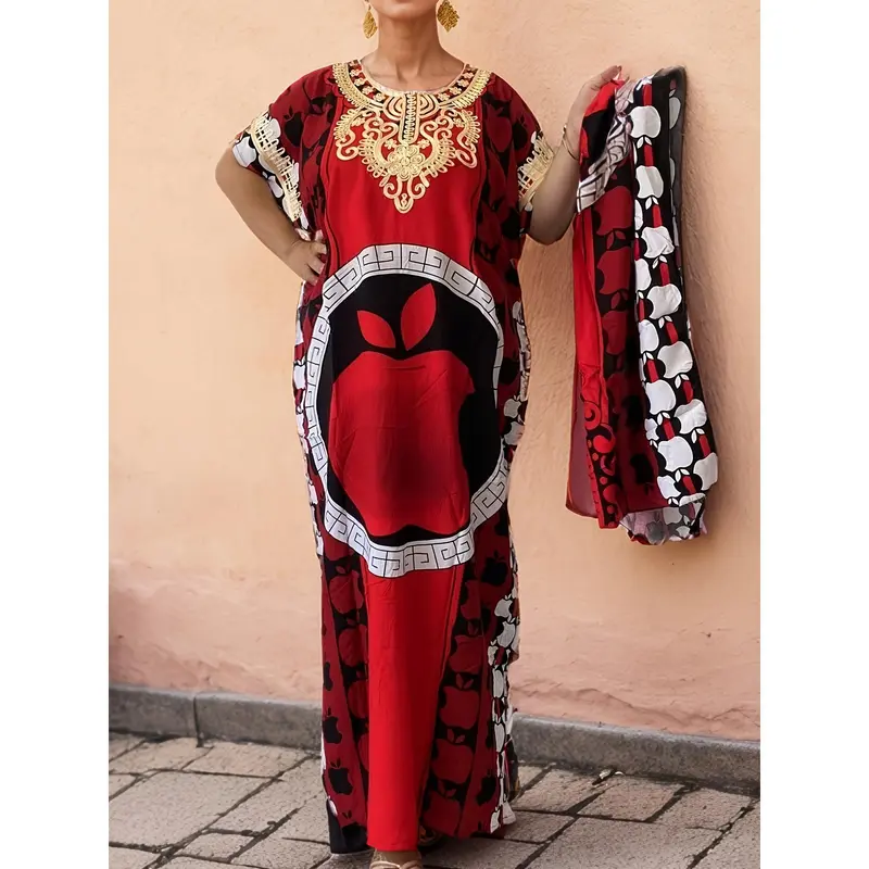 Elegant Plus Size Floral Print Kaftan - Breathable Polyester Round Neck Short Sleeve Maxi Dress for Women - Machine Washable, Perfect for Ramadan & All Seasons 5