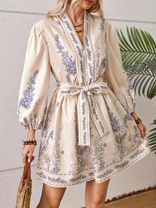 Women's Plants Print Tie Waist Dress, Bohemian Elegant Bishop Sleeve V Neck Dress for Spring & Fall, Women's Clothing for Daily Wear, Dresses for Holiday