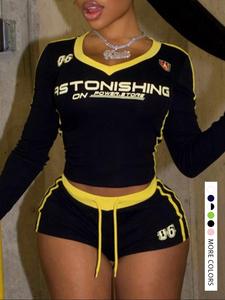 Women's Letter Print Colorblock Short Sleeve Crop Top & Skinny Shorts Two-piece Set, Casual Sporty V Neck Tee & Shorts for Daily Outdoor Wear, Ladies Spring & Fall Clothes, Sportswear Clothing, Sporty Style Clothes