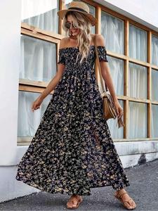 Women's Ditsy Floral Print Off Shoulder Long Dress, Bohemian Elegant Casual Split Thigh Dress for Beach Holiday Vacation, Ladies Summer Clothes, Summer Dresses 2025, Womenswear