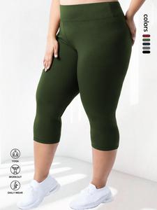 Plus Size Solid High Waist Capris Leggings, Casual Comfy Breathable Skinny Pants for Daily Workout Yoga Wear, Summer Outfits 2024, Women's Bottoms for Indoor Outdoor Wear