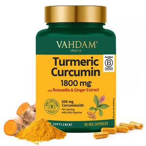 【VAHDAM】Turmeric Curcumin 1800mg High Strength | Lakadong Turmeric | 95% Curcuminoids with Black Pepper, Ginger & Boswellia Extract | Joint & Mobility Support | 90 Veg Capsules | Food Supplement UK Healthcare