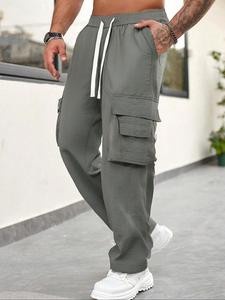 Men's Solid Flap Pocket Cargo Pants, Street Fashion Casual Regular Fit Straight Leg Trousers for Daily Wear, Men's Bottoms for All Seasons, Beige