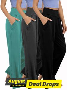 Women's Plain Pocket High Waist Joggers, Casual Comfy Wide Leg Trousers For Outdoor Sports, Airport Outfit，Women's Sport & Outdoor Lounge Outfit Clothing For All Seasons