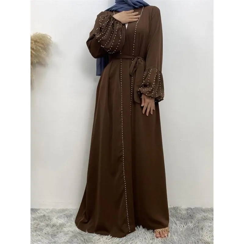 Women's Faux Pearls Decor Tie Front Abaya Without Hijab, Modest Long Sleeve Maxi Abaya, Summer Outfits 2024, Muslim Clothes For Women 1