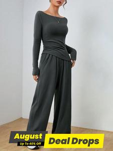 Women's Solid Long Sleeve Wide Leg Two-piece Set, Casual Basic Round Neck T-shirt & Pocket Trousers Set for Spring & Fall, Ladies Clothes for Daily Wear