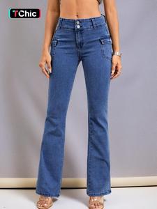 Women's Plain Pocket Button Zipper Flare Leg Jeans, Casual Stretchy Denim Pants for Daily Wear, Bell Bottom Trousers for All Seasons