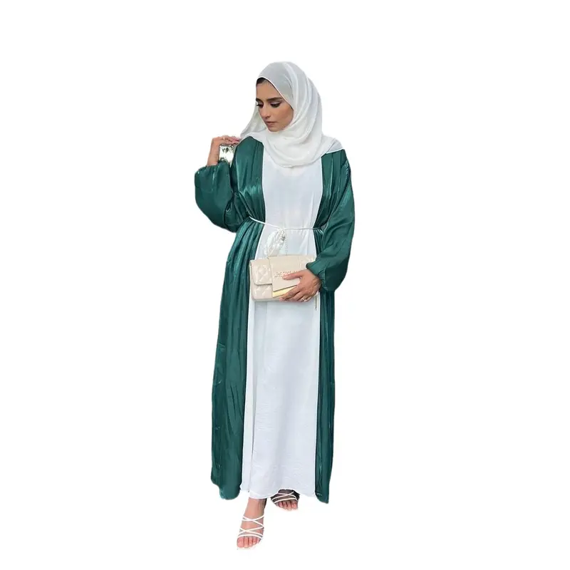 European Muslim Women's Clothing Abaya Fashion Cardigan Robe Arabic Turkish Satin Solid Color Elegant 4